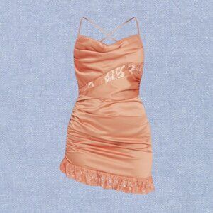 NWT Pretty Little Thing Clay Satin Cowl Lace Insert Frill Hem Bodycon Dress